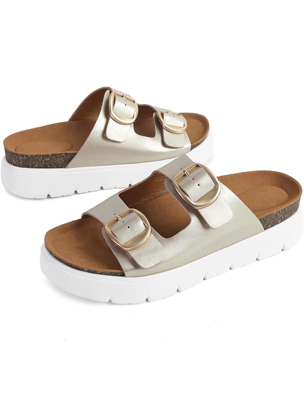 Women’s Metallic Gold Double-Buckle Slide Sandals